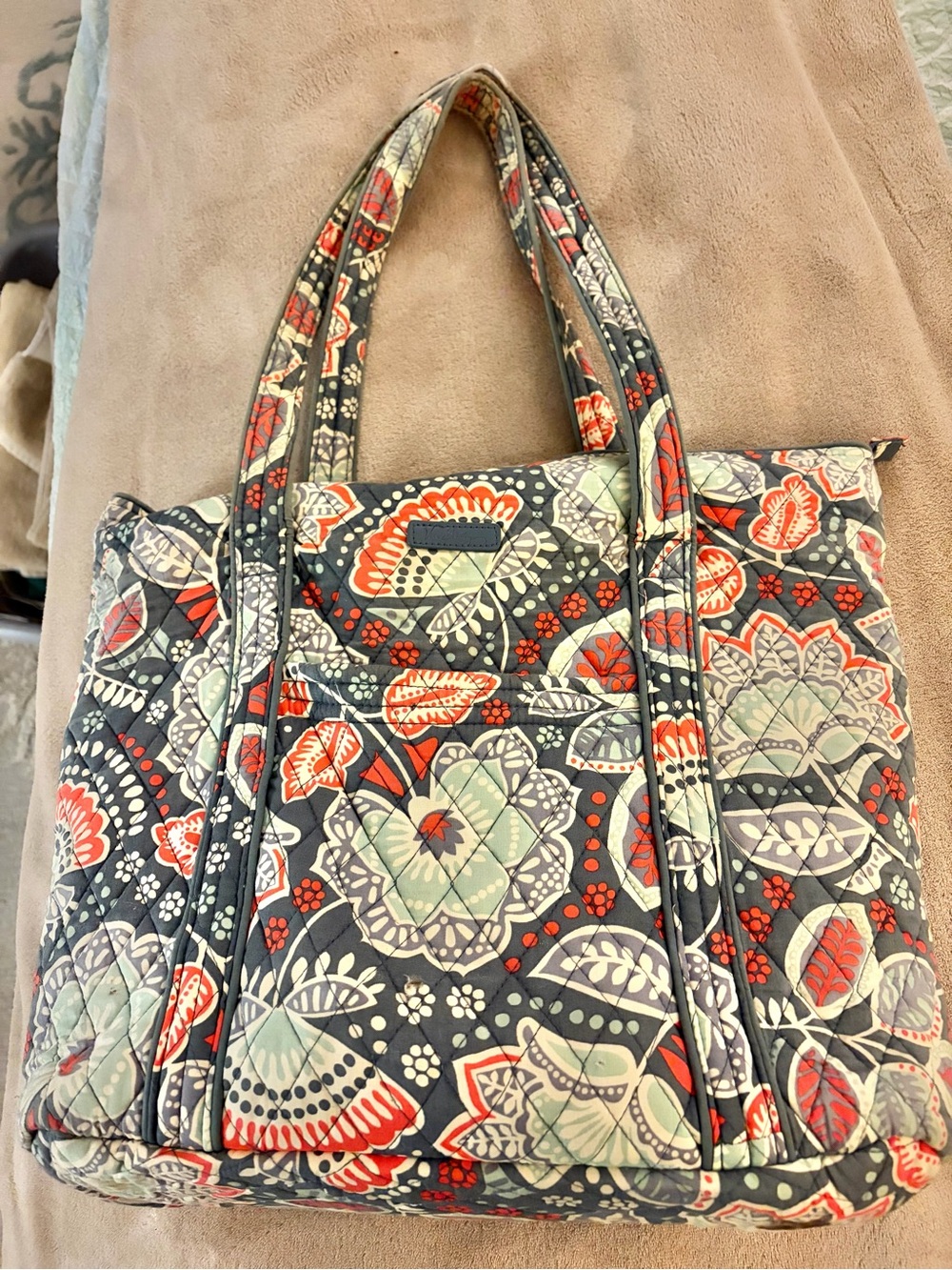 Vera Bradley Quilted Floral Tote in Gray, Red & Cream